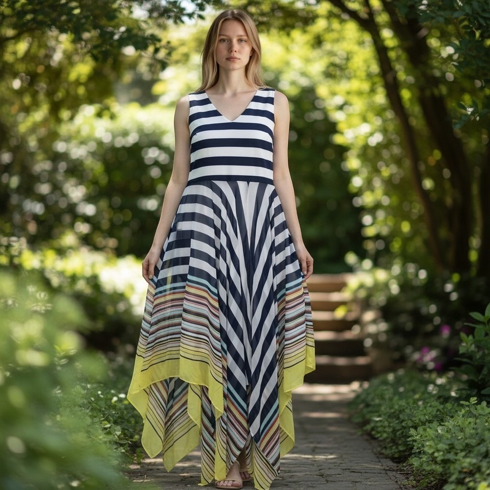 Signature by Robbie Bee Striped Handkerchief Hem Maxi Dress Navy White Yellow 14